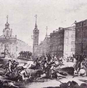 El Dos de Mayo de 1808 la casa de los Mesonero sirvió de parapeto a fusileros que disparaban sobre los franceses, por lo que fue marcada por éstos con la cruz de la muerte. Aquí, una clásica figuración de ese día.
