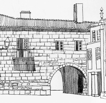 Detalle de la parte más antigua del enorme y austero caserón pontevedrés de los Mariño de Lobeira. Dibujo de Rafael Fontoira Surís.