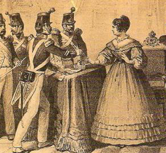La reina Cristina cede tras los sucesos de La Granja, protagonizados por los sargentos, en 1836. Figuración de época.
