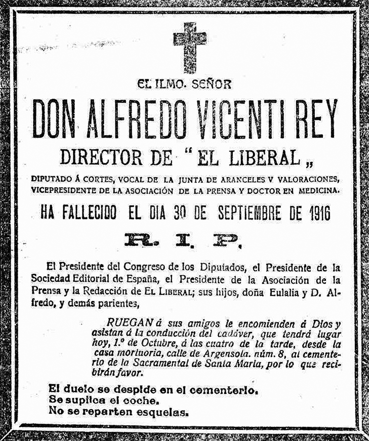Esquela en la primera plana de El Liberal Esquela en la primera plana de El Liberal