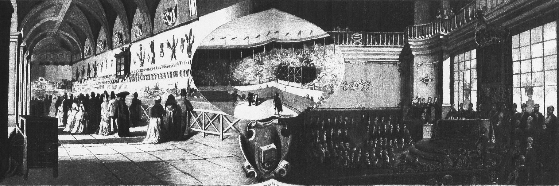 La Exposición Compostelana de 1975 y la entrega de premios de los Juegos Florales en el Paraninfo de la Universidad de Santiago. Dibujo de Federico Guisasola para “La Ilustración Española y Americana