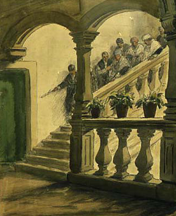 Los profesores del Instituto de Pontevedra en la bella escalinata de su primer emplazamiento: el que fuera Colegio de los jesuitas. Por Carlos Sobrino. Museo de Pontevedra.