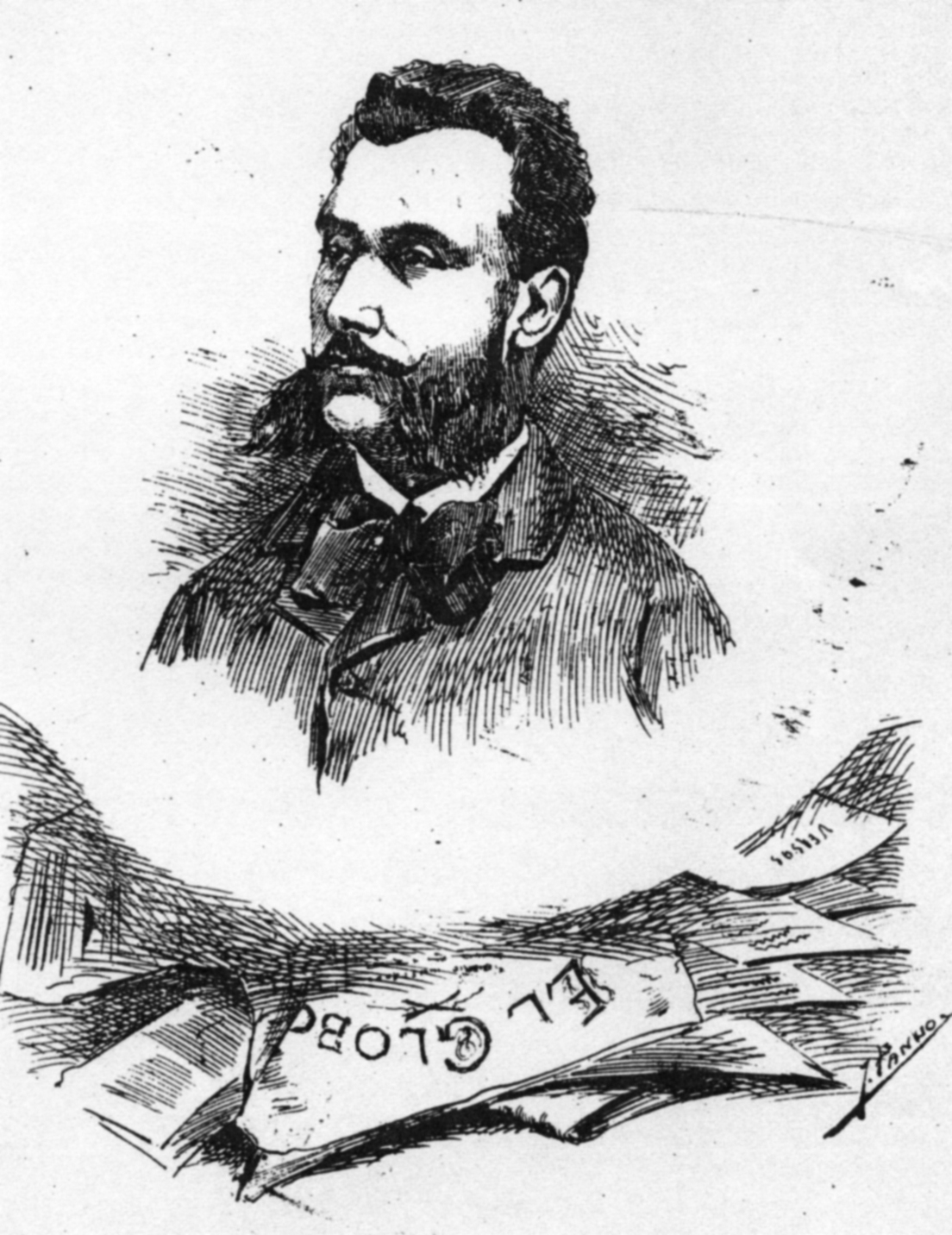 Incluso en la juventud compostelana más próxima a Ramón María del Valle-Inclán, caso de los redactores de Café con Gotas el prestigio profesional de Alfredo Vicenti era indiscutible. El diseño es de Pando, su redactor gráfico, y uno de los primeros caricaturistas de don Ramón.