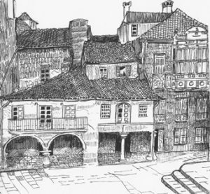 Dibujo de Julio Caro Baroja. En sus magníficos “cuadernos de campo” sólo figura una estampa gallega (“Pontevedra, 1968”). La dibujó aquel día inolvidable. En la Herrería, junto al “Carabela”, el encantador rinconcito –como la plaza de Teucro- llamó su atención desde el primer momento