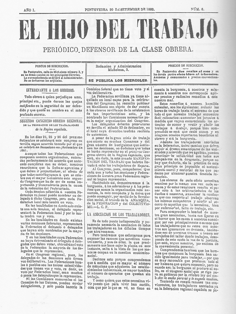 Plana de El Hijo del Trabajo, el más madrugador de los periódicos anarquistas gallegos. Está en Odriozola.