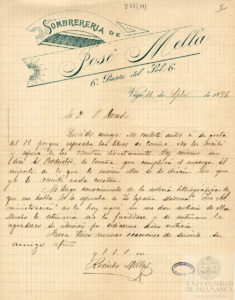 Membrete de una carta de Ricardo Mella a Pedro Dorado, con la última instalación de la sombrerería de Jose Mella Buján en Vigo