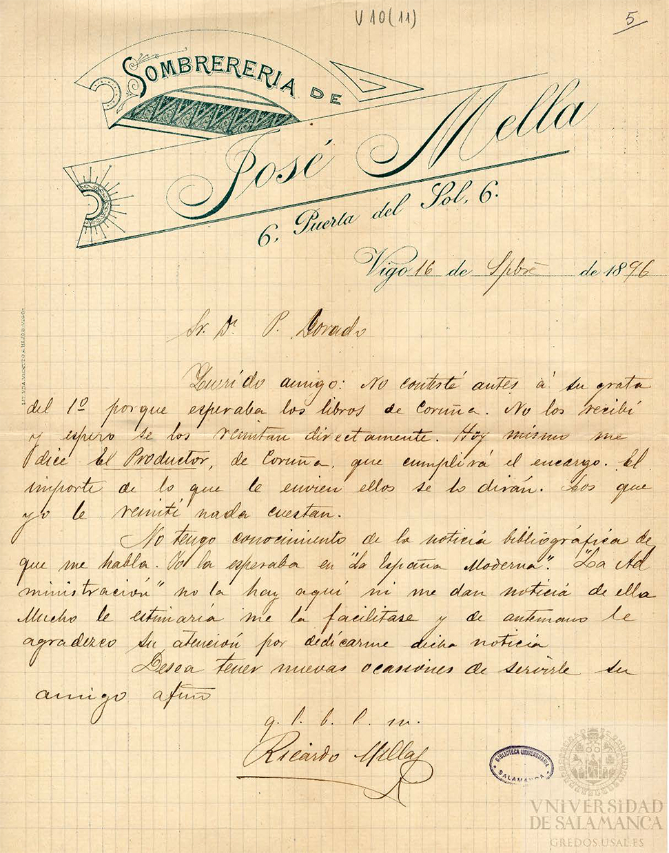 Membrete de una carta de Ricardo Mella a Pedro Dorado, con la última instalación de la sombrerería de Jose Mella Buján en Vigo